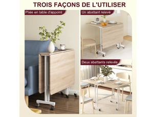 Table à manger pliante sur roulettes pour 4-6 personnes 120 cm, roues avec freins, style industriel, 2 abattants, chêne