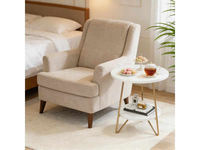 Table d'appoint ronde à 2 niveaux effet marbre blanc et métal doré ø48x55 cm - Conforama E