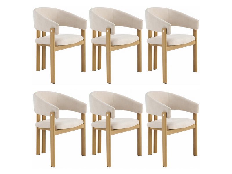  Lot de 6 chaises de salle à manger 61,5x52,5x83 cm, accoudoirs, métal aspect bois et lin, beige et bois clair  - Conforama A