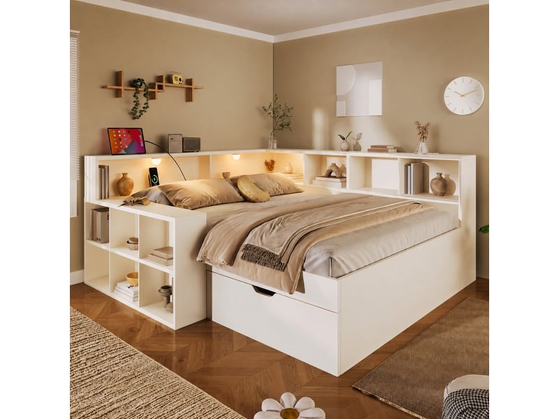 Lit double 140×190 cm avec rangements, liseuse led, usb et type-c, blanc - Conforama B