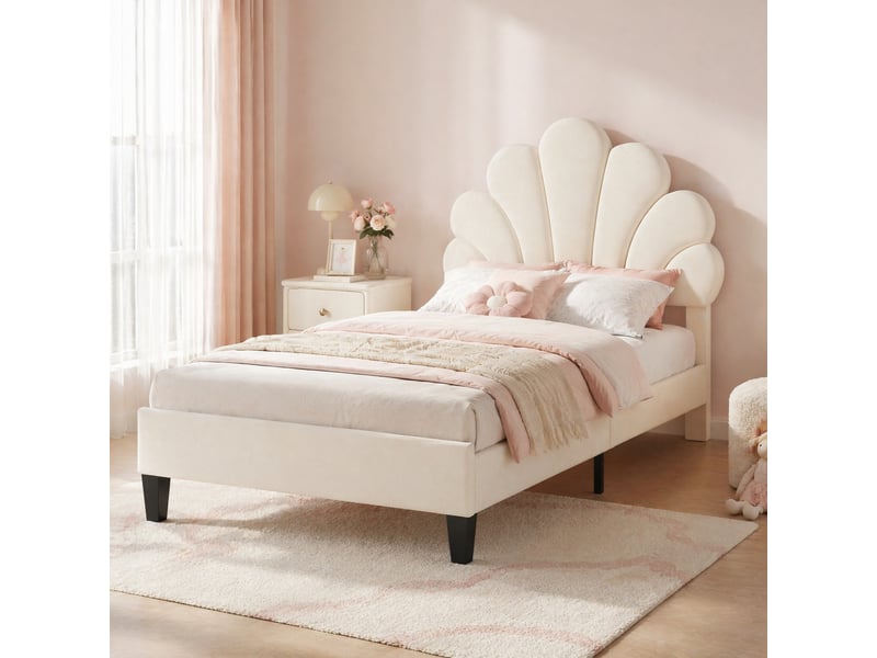  Lit simple enfant 200×90 cm avec tête de lit en forme de fleur et sommier à lattes, sans matelas, en velours beige  - Conforama B