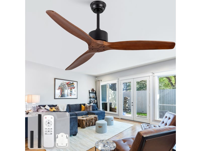  Ventilateur de plafond 52 pouces 3 pales en bois foncé et noir, sans lumière, télécommande, 6 vitesses, réversible  - Conforama B
