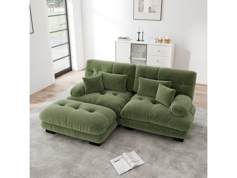 Canapé d'angle modulable en chenille avec coussins lombaires, ottoman et assise profonde pour salon, vert - Conforama B