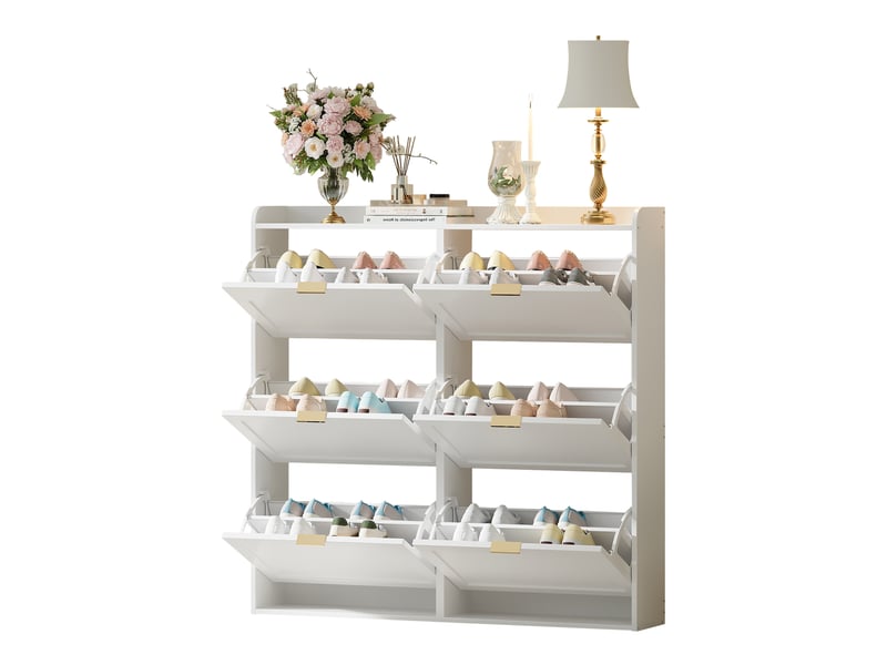  Meuble à chaussures, avec 6 abattants, séparateurs réglables et rangement fermé, pour entrée, mdf, blanc, 120×23×118 cm  - Conforama A
