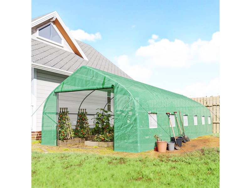  Serre tunnel en pe et acier de 8 x 3 x 2 m avec porte enroulable et fenêtres, verte  - Conforama C