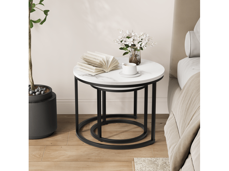  Tables basses gigognes rondes 60x45+40x40 cm, lot de 2, table de salon, grand gain de place, métal et aggloméré, blanc  - Conforama B