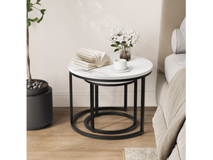 Tables basses gigognes rondes 60x45+40x40 cm, lot de 2, table de salon, grand gain de place, métal et aggloméré, blanc