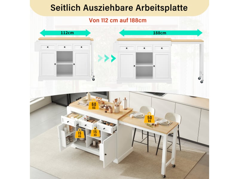  Îlot de cuisine mobile sur roulettes – coin repas extensible, rangement épices et tiroirs – blanc, design moderne  - Conforama E