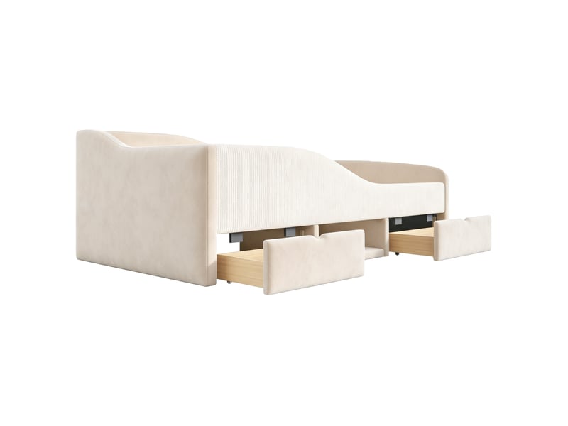  Lit pour enfant, 90x190 cm, avec rangements, 2 tiroirs, barrières de sécurité, doux au toucher, velours, coloris beige  - Conforama E
