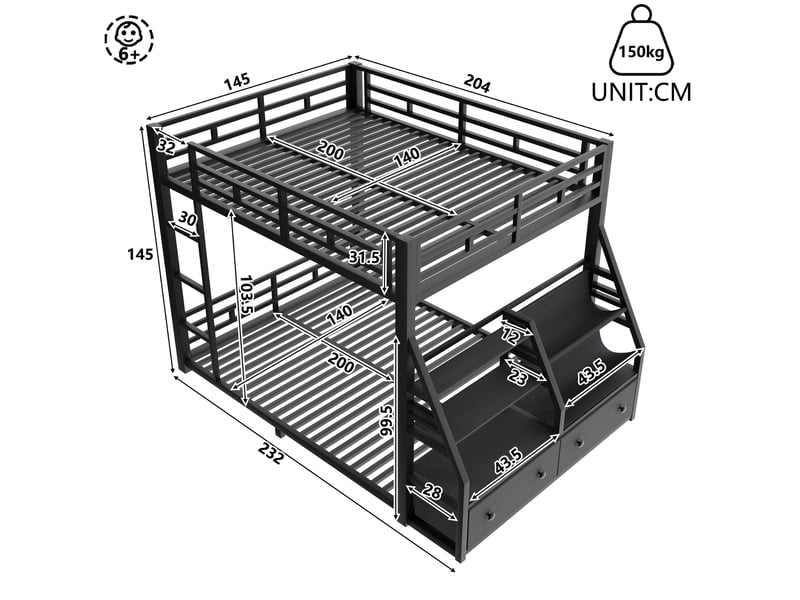  Lit superposé 140x200 cm led, 2 tiroirs tissu, rangement, métal, garde-corps sécurisé, noir, sans matelas  - Conforama C
