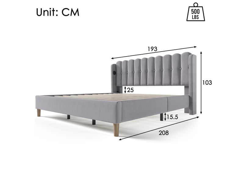  Lit 2 places 180x200 cm gris en tissu, avec lattes et usb type c  - Conforama C