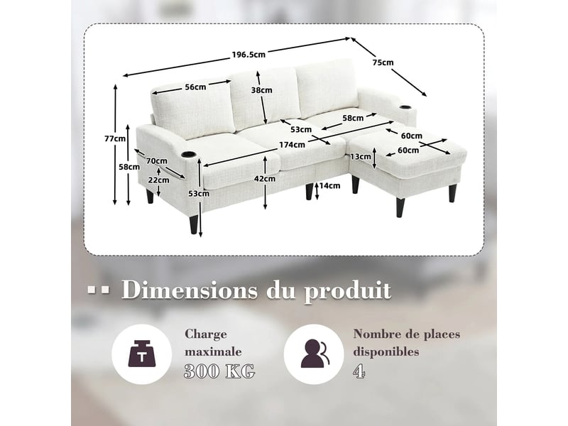 Canapé 4 places avec pouf revêtement en chenille douce 196,5 cm rangement et porte-gobelets - Conforama C
