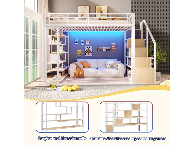  Lit mezzanine 140x200 cm – avec escalier rangement led et étagères – métal et mdf – blanc CozyNest - Conforama D