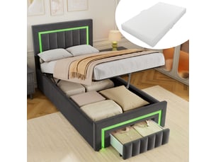 Lit rembourré 90 × 200 cm 1 place avec matelas et éclairage led, lit pour enfant avec tiroirs et roulettes, lit avec coffre de rangement, gris
