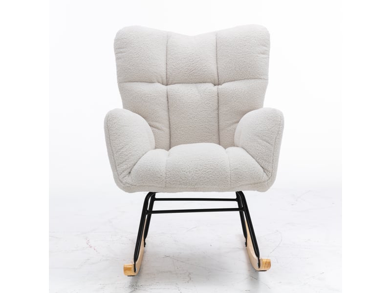 Fauteuil à bascule blanc en tissu teddy, rocking chair moderne capitonné pour salon et chambre, pieds bois - Conforama A