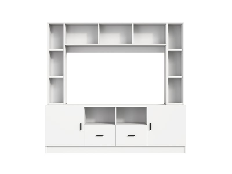 Meuble tv mural 180 x 35 x 170 cm – blanc – 2 placards, 2 tiroirs et 11 niches de rangement pratiques - Conforama D