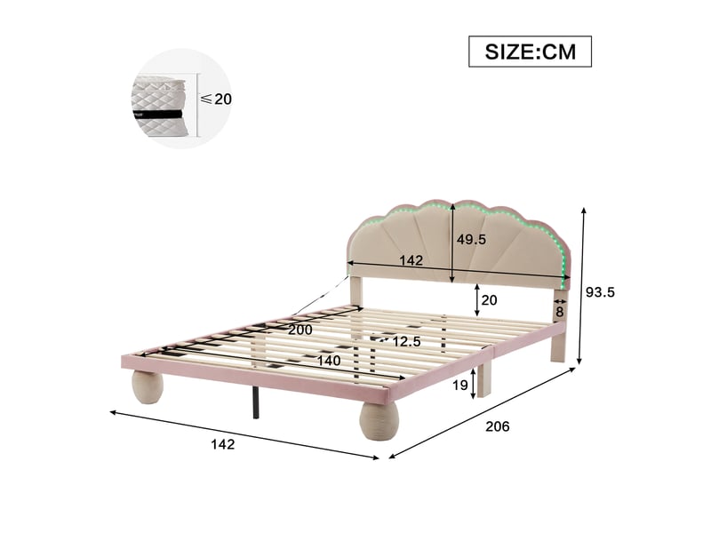  Lit enfant rembourré 140x200 cm avec led multicolore, tête de lit festonnée, sommier à lattes en bois et pieds ronds, velours, beige et rose  - Conforama E