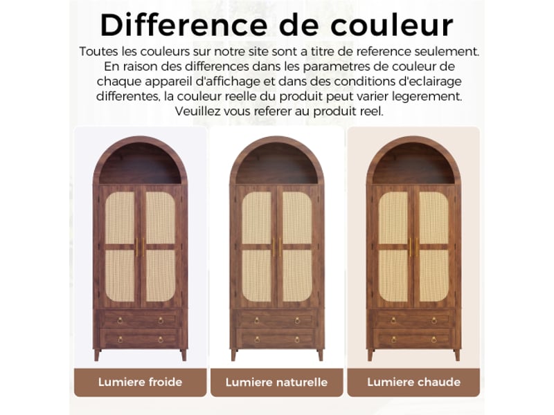  Armoire haute arquée 76x40x179,5 cm noyer, niche led via application, 2 portes effet rotin avec organiseurs, 2 tiroirs, mdf et panneaux  - Conforama E