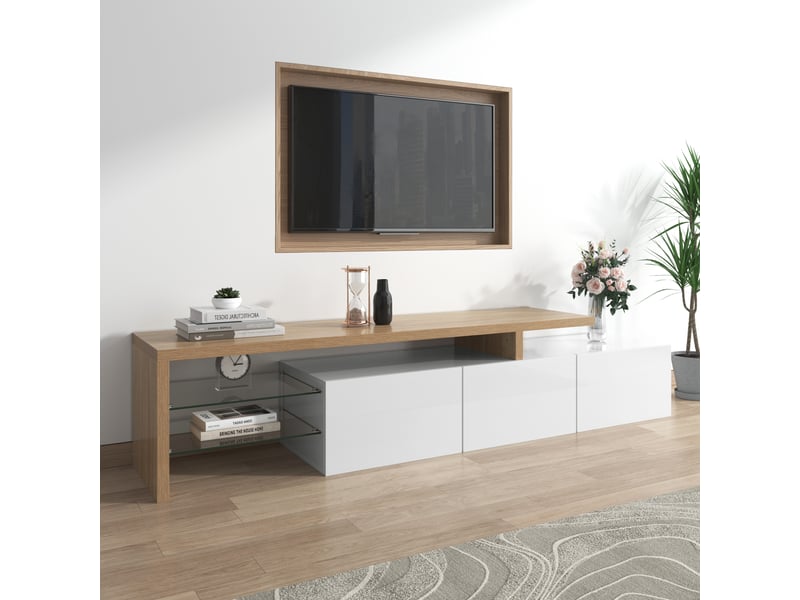  Meuble tv blanc brillant effet bois, étagères en verre, éclairage led, rangement pratique  - Conforama B