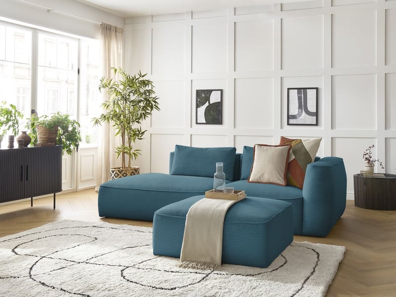  Bobochic canapé droit fixe 3 places leopold velours côtelé avec pouf bleu clair  accoudoir droit LEOPOLD - Conforama B