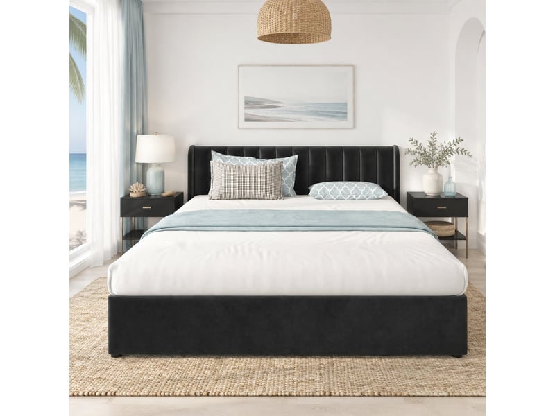  Lit 180 x 200 cm en velours noir avec sommier à lattes et 2 tiroirs  - Conforama C