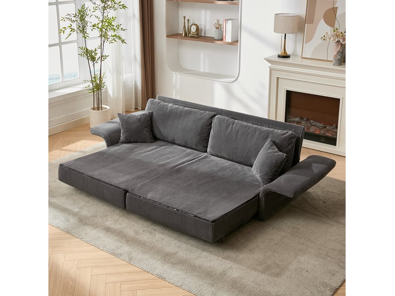  Canapé convertible 2 places avec fonction couchage et coussins, en velours côtelé gris, 202 × 84 × 62 cm  - Conforama D