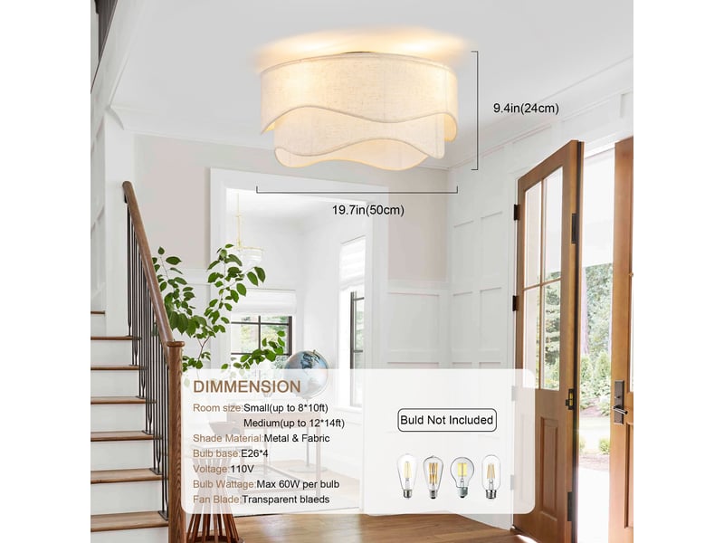  Ventilateur de plafond 50 cm éclairage led abs doré et blanc réversible 6 vitesses télécommande minuterie et mémoire abat-jour lin  - Conforama E