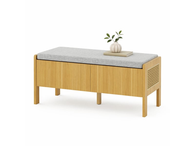  Meuble d'entrée avec espace de rangement, assise rembourrée et côtés en rotin pour couloir, gris naturel, 113 × 40 × 45,5 cm  - Conforama A