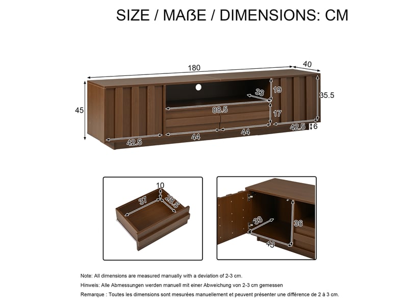 Meuble tv 180x40x45 cm - grand rangement - 2 tiroirs - 2 portes - mdf - mobilier fonctionnel - design moderne - rangement multimédia - noyer CozyNest - Conforama D