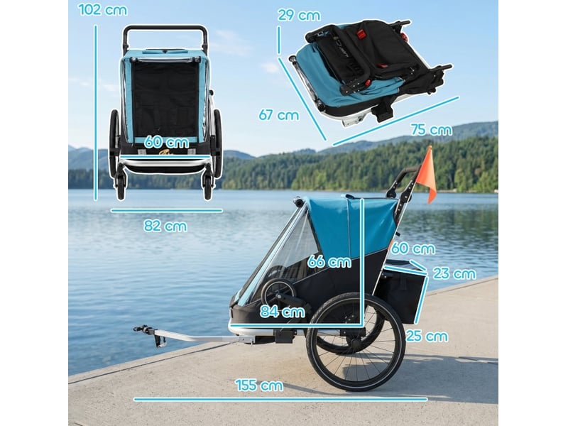 Remorque vélo enfant 2 places 148 x 83 x 102 cm bleue en aluminium, convertible en poussette - Conforama C