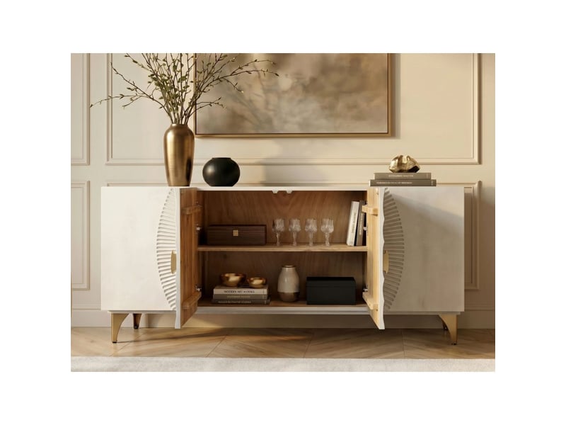  Buffet solaris 177 cm blanc et doré – 4 portes sculptées motif solaire en bois de manguier  - Conforama E