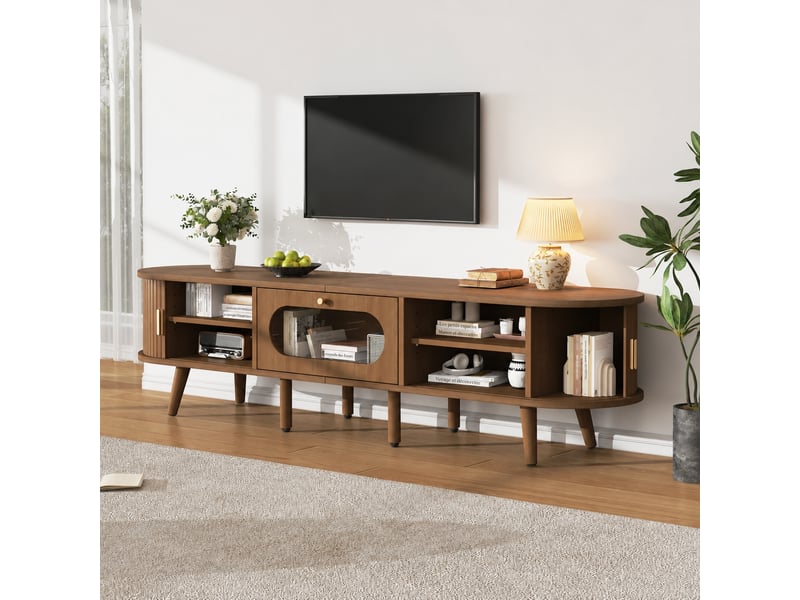  Meuble tv pour téléviseur 70 pouces, mdf couleur noyer, 2 portes à rideau et 1 tiroir, 170 x 40 x 43 cm  - Conforama B