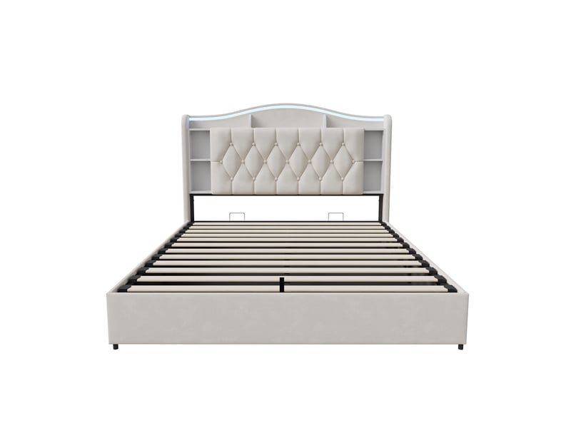 Lit coffre double 160x190 cm avec led rgb, tête de lit étagère et prise usb type-c chargeur, structure solide en velours capitonnée, beige - Conforama D