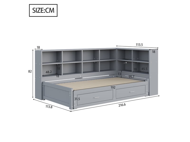  Lit banquette en bois massif 180 x 190cm, lit gigogne, tiroirs, tiroir, prises intégrées, sommier à lattes, meuble gain de place, gris ABC - Conforama C