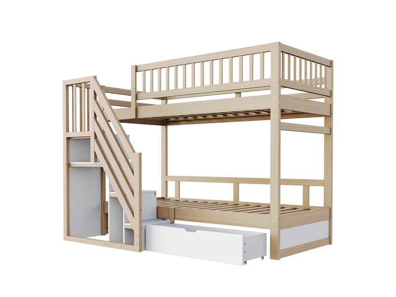 Lit superposé avec escalier-rangement, bois massif naturel, 90x200 cm, barrières hautes et tiroirs - Conforama A