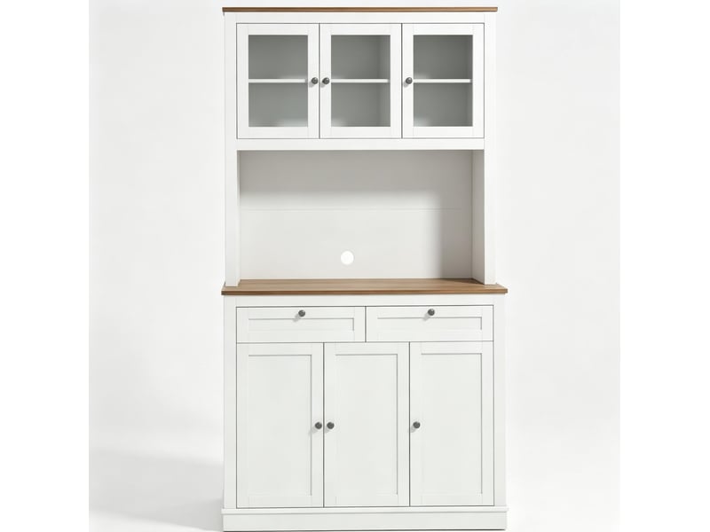  Buffet de cuisine haut avec 6 portes, 2 tiroirs et étagères réglables, passe-câble, blanc et chêne pour cuisine  - Conforama A