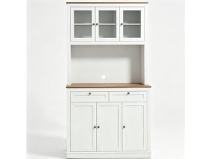 Buffet de cuisine haut avec 6 portes, 2 tiroirs et étagères réglables, passe-câble, blanc et chêne pour cuisine