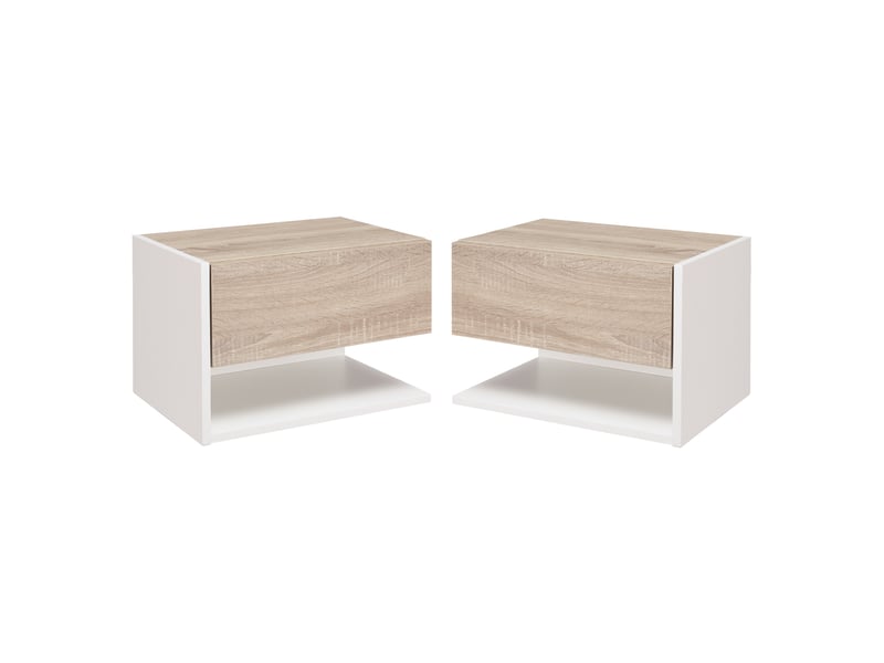  Ensemble de 2 tables de chevet suspendues, avec 1 tiroir et une étagère ouverte, 46 x 30 x 30 cm, chêne et blanc  - Conforama A