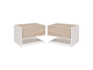 Ensemble de 2 tables de chevet suspendues, avec 1 tiroir et une étagère ouverte, 46 x 30 x 30 cm, chêne et blanc