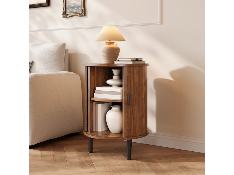  Table d'appoint rondebuffet, forme ronde, 1 porte coulissante, décor rainuré vertical, poignées noires, pieds en métal noir, 1 étagère intermédiaire, 2 niveaux de rangement  - Conforama E