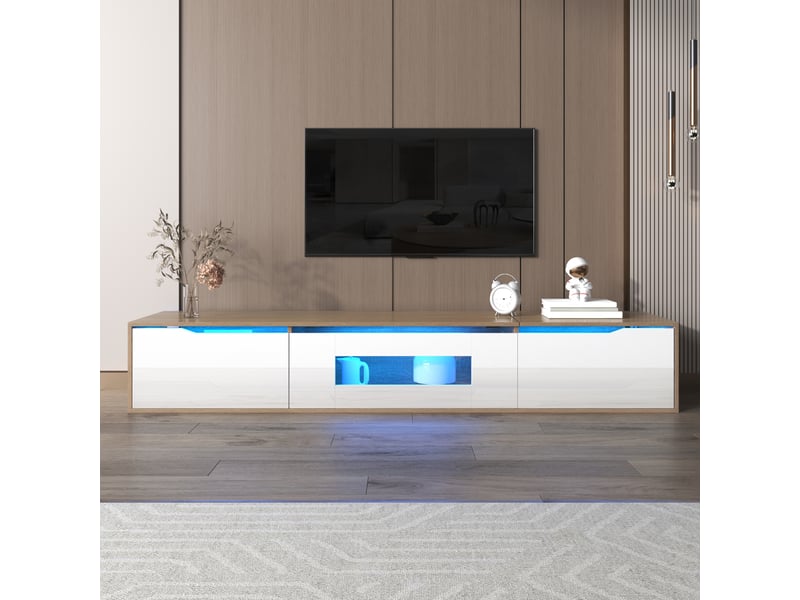  Meuble tv 180 cm blanc brillant et bois avec éclairage led multicolore intégré  - Conforama B