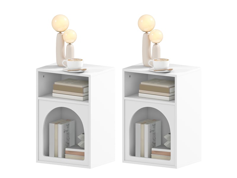  Lot de 2 tables de chevet, table de nuit avec compartiments ouverts, design arqué, 40 x 30 x 60 cm, blanc  - Conforama B