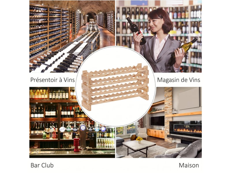  Casier à bouteilles pour 48 bouteilles, 114×28×56,5cm, étagère à vin avec 4 niveaux modulable, bois naturel  - Conforama W