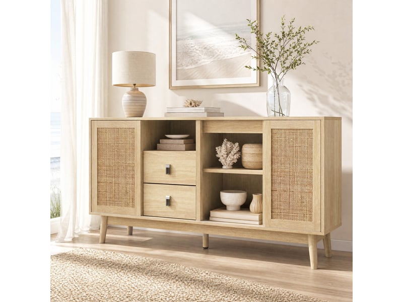  Buffet avec 3 portes coulissantes en rotin et 2 tiroirs – 155 x 38 x 80 cm – décor bois  - Conforama B