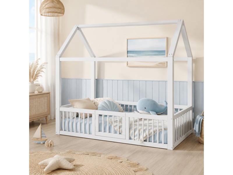  Lit enfant cabane 90x200 cm avec barrières et portillon, en pin et mdf, blanc  - Conforama D