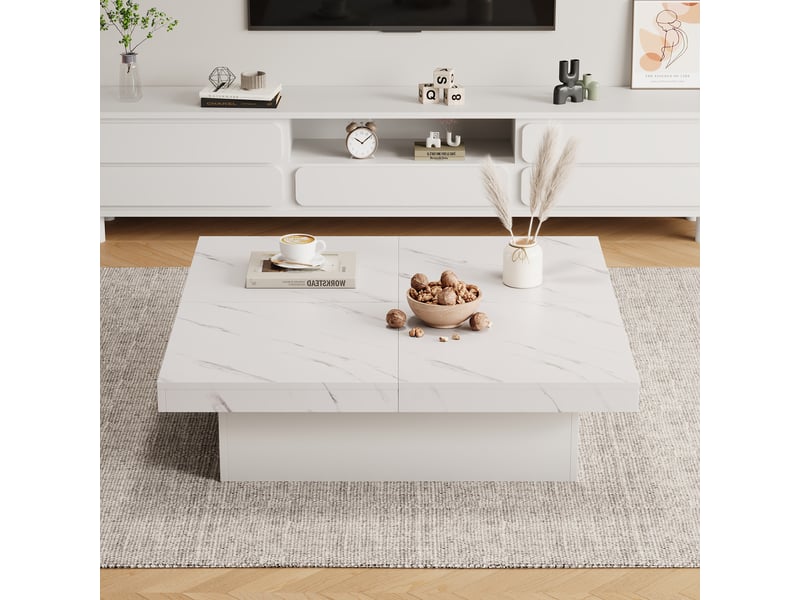  Table basse carrée blanche effet marbre 90x90 cm avec 4 tiroirs et plateau coulissant  - Conforama E