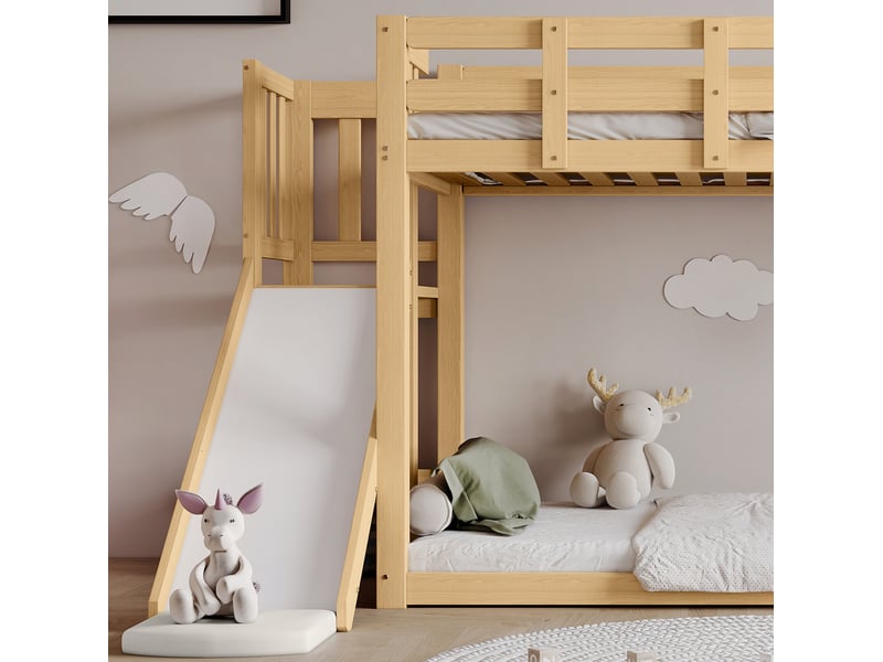  Lit superposé enfant 90x200 cm avec escalier, toboggan et rideaux, en bois et mdf, naturel sans matelas  - Conforama E