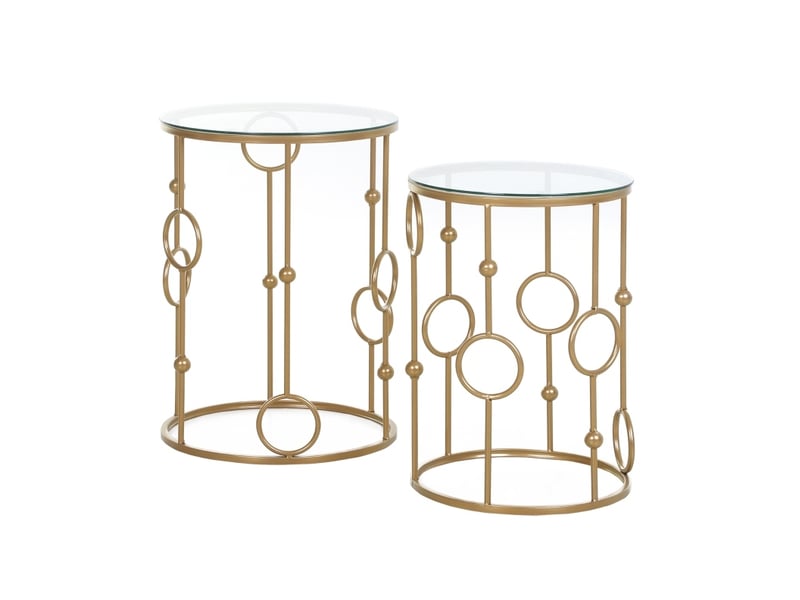  Tables basses gigognes avec plateaux en verre trempé structure en métal doré à motif anneaux et boules pour salon  - Conforama A