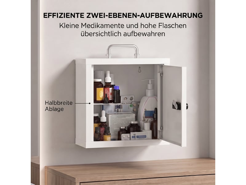  Armoire à pharmacie murale avec serrure à combinaison, armoire de premiers secours à 2 niveaux en acier inoxydable, blanche  - Conforama E