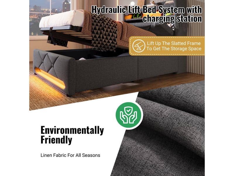  Lit coffre 90x200 cm rembourré, rangement hydraulique, led 360°, usb et type-c, tête de lit avec rangement, lin gris  - Conforama D